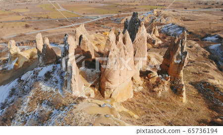 Sharp Rocks in Cappadocia. Turkey. Aerial view. 65736194
