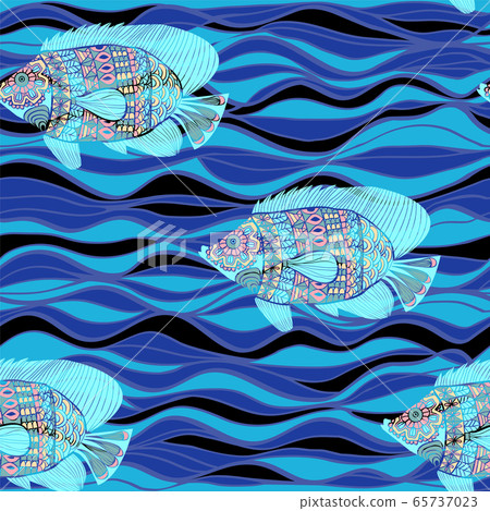 decorative fish pattern and blue waves seamless decorative fish pattern and blue waves seamless 65737023