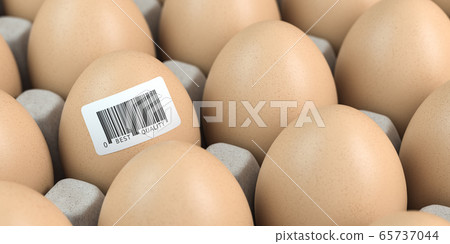 Chicken egg with barcode sticker. Quality control Chicken egg with barcode sticker. Quality control 65737044