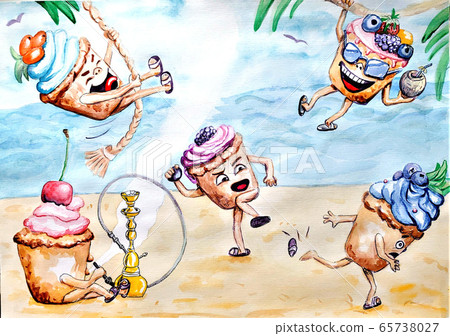 Fun beach party pastries with entertainment and a quarrel of two pastries Fun beach party pastries with entertainment and a quarrel of two pastries 65738027