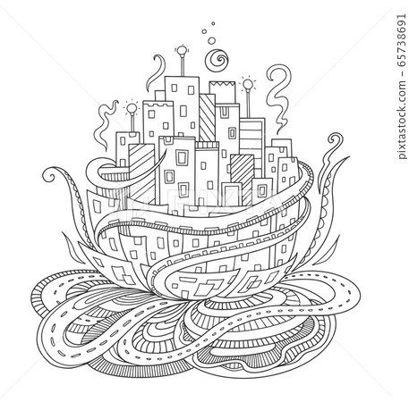 Fantasy city. Fairytale concept for adult coloring book, print, postcard.  65738691