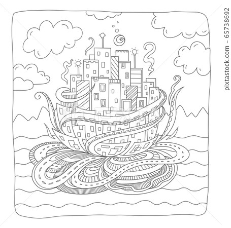 Fairytale town. Fantasy city concept for adult coloring book.  65738692