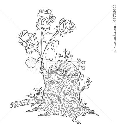 Fairy tree stump with flowers. Fantasy plant for adult coloring book.  65738693