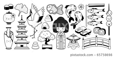 Japanese traditional garden, pagoda, geisha, bonsai, koi carps, tayaki fish. Japanese traditional garden, pagoda, geisha, bonsai, koi carps, tayaki fish. 65738698
