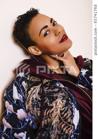 pretty stylish african american big woman well dressed. swag relax at home, fashion look clothers 65741768