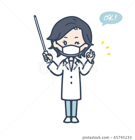 一位女醫生戴著面具的姿勢，給一個好的跡象，用指點棒的插圖 65745233