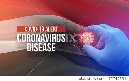 COVID-19 alert, coronavirus disease - letter typography text. Medical virus molecular concept with flag of Egypt. Pandemic 3D illustration. 65749264