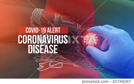 COVID-19 alert, coronavirus disease - letter typography text. Medical virus molecular concept with flag of Afghanistan. 3D illustration. 65749267