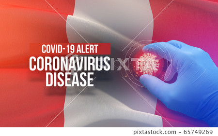 COVID-19 alert, coronavirus disease - letter typography text. Medical virus molecular concept with flag of Peru. 3D illustration. 65749269