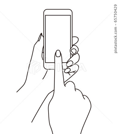 A line drawing illustration of a hand holding a smartphone and operating it with fingers 65750429