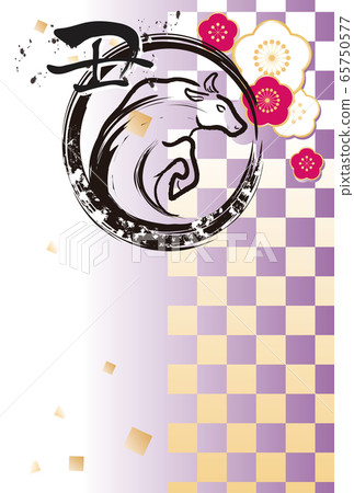 2021牛年新年賀卡sumi-e刷字符金色梅花水墨畫垂直 65750577