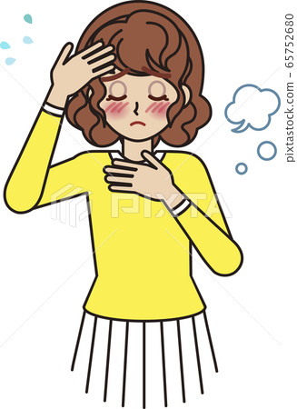 一個少婦以發燒和紅色喉嚨痛和手在她的頭和胸口。 65752680