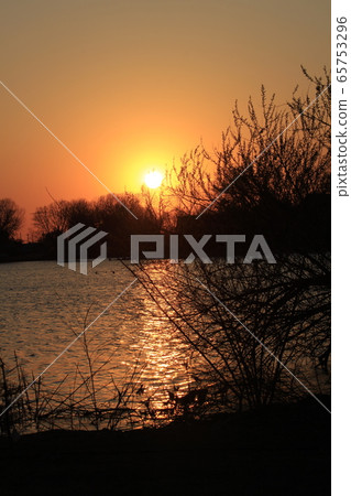 Kansas colorful Sunset with tree's and a water reflection out in the country. Kansas colorful Sunset with tree's and a water reflection out in the country. 65753296
