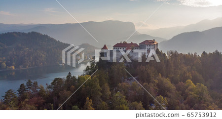 Aerial panoramic view of Lake Bled and the castle of Bled, Slovenia, Europe. Aerial drone photography. Aerial panoramic view of Lake Bled and the castle of Bled, Slovenia, Europe. Aerial drone photography. 65753912