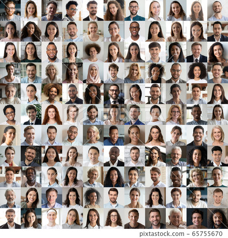 Lot of happy multiracial people faces headshots in square collage 65755670