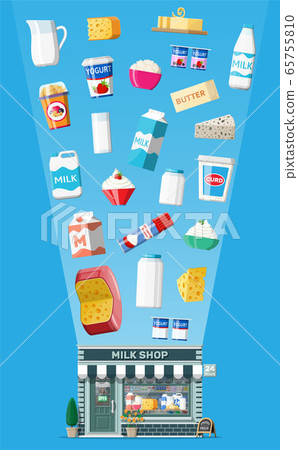 Dairy store or milk shop with signboard, awning. 65755810