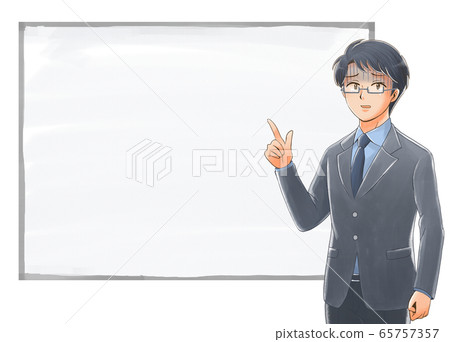Illustration of a pale adult student pointing in front of a whiteboard 65757357