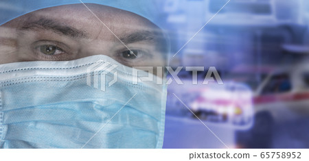Portrait tired doctor with brown eyes in medical face mask looking at camera Portrait tired doctor with brown eyes in medical face mask looking at camera 65758952