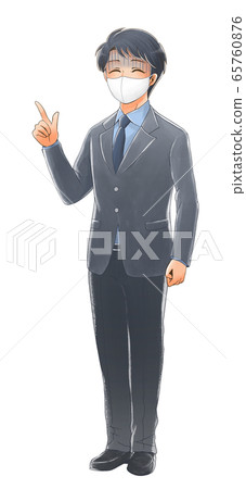 戴著面具,指著一個生病的成年成員的插圖 戴著面具,指著一個生病的成年成員的插圖 65760876