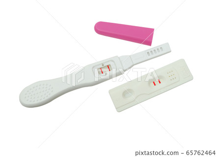 Positive white plastic pregnancy test isolated on white background. 65762464