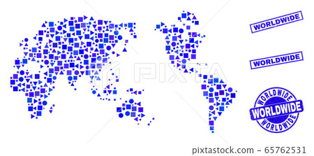 Blue Geometric Mosaic Worldwide Map and Stamps Blue Geometric Mosaic Worldwide Map and Stamps 65762531