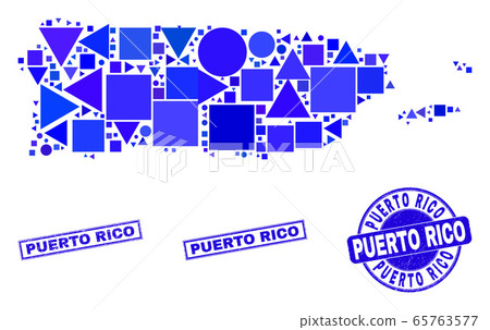 Blue Geometric Mosaic Puerto Rico Map and Seals 65763577