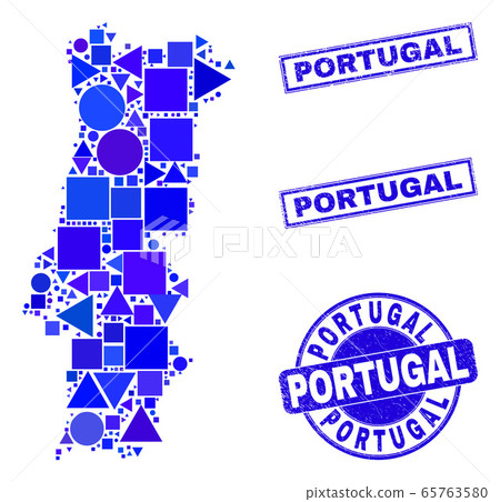 Blue Geometric Mosaic Portugal Map and Stamps Blue Geometric Mosaic Portugal Map and Stamps 65763580