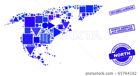Blue Geometric Mosaic North America and Greenland Map and Stamps 65764182