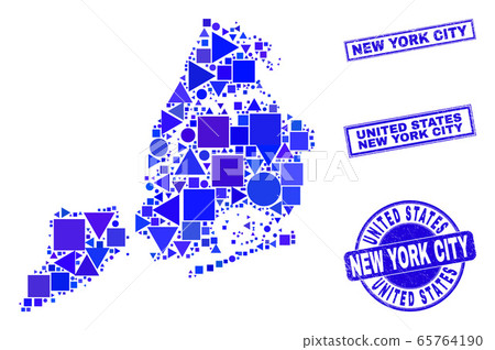 Blue Geometric Mosaic New York City Map And Stamps - Stock Illustration ...