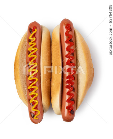 Hot dog with ketchup and mustard on white Hot dog with ketchup and mustard on white 65764809