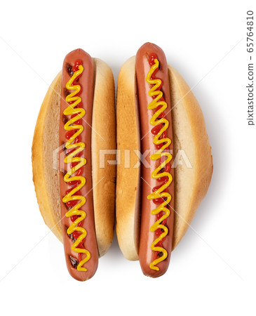 Hot dog with ketchup and mustard on white Hot dog with ketchup and mustard on white 65764810