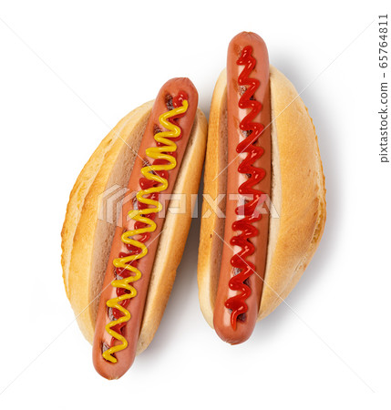 Hot dog with ketchup and mustard on white Hot dog with ketchup and mustard on white 65764811