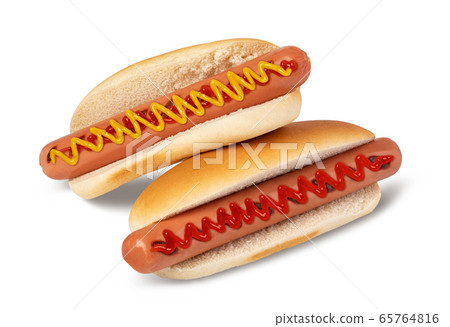 Hot dog with ketchup and mustard on white Hot dog with ketchup and mustard on white 65764816