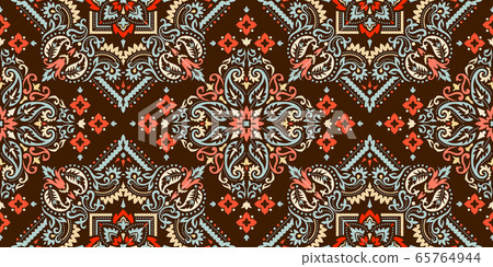 Rectangular seamless Bandana Print vector design for rug, carpet, tapis, shawl, towel, textile, yoga mat. Neck scarf or kerchief pattern design. Traditional ornamental ethnic pattern with paisley. 65764944