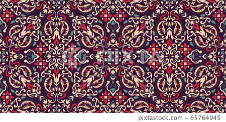 Rectangular seamless Bandana Print vector design for rug, carpet, tapis, shawl, towel, textile, yoga mat. Neck scarf or kerchief pattern design. Traditional ornamental ethnic pattern with paisley. 65764945