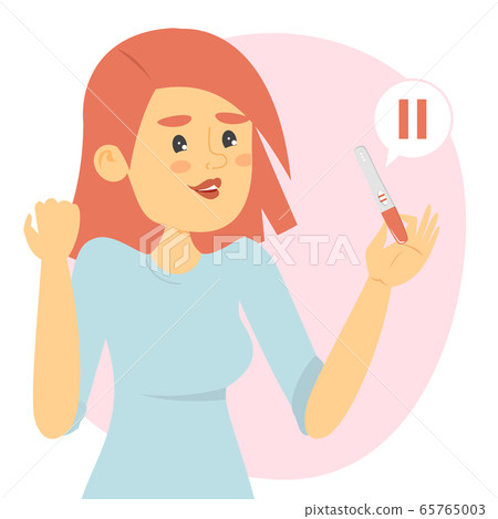 Happy woman holding a positive pregnancy test Happy woman holding a positive pregnancy test 65765003