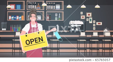 waitress taking off mask holding open sign coronavirus quarantine is ending victory over covid-19 waitress taking off mask holding open sign coronavirus quarantine is ending victory over covid-19 65765057