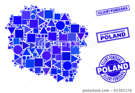 Blue Geometric Mosaic Kujawy-Pomerania Province Map and Stamps 65765178