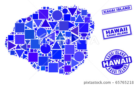 Blue Geometric Mosaic Kauai Island Map and Stamps 65765218