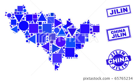 Blue Geometric Mosaic Jilin Province Map and Stamps 65765234