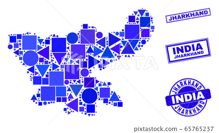 Blue Geometric Mosaic Jharkhand State Map and Seals 65765237