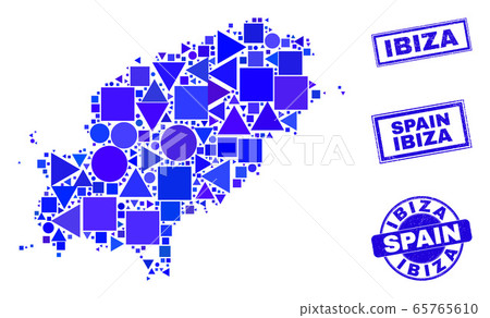 Blue Geometric Mosaic Ibiza Island Map and Seals 65765610