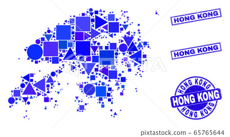 Blue Geometric Mosaic Hong Kong Map and Stamps 65765644