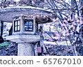 A traditional Japanese stone lantern Tourou at the shinto shrine in early spring with sakura buds about to blossom. 65767010