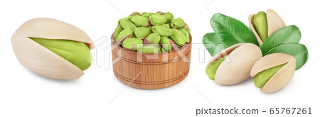 pistachio with leaves isolated on white background with clipping path and full depth of field. Set r collection 65767261