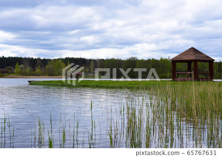 Wooden arbor with a bench on the shore of a forest 65767631