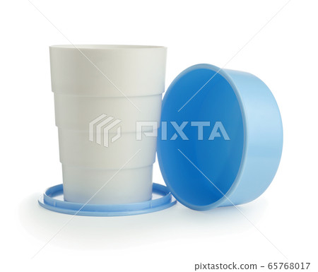 Collapsible plastic cup isolated on white. 65768017