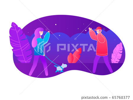 woman with dog waving hand to man wearing mask woman with dog waving hand to man wearing mask 65768377