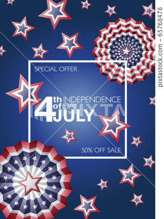 4th of July special offer sale ad, voucher, banner, card, poster or flyer template with paper stars in USA flag colors with stars and stripes on blue background 4th of July special offer sale ad, voucher, banner, card, poster or flyer template with paper stars in USA flag colors with stars and stripes on blue background 65768478