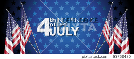 4th of July vector illustration with realistic US star and stripes flags on blue stars background. Independence day banner or website header template. 65768480